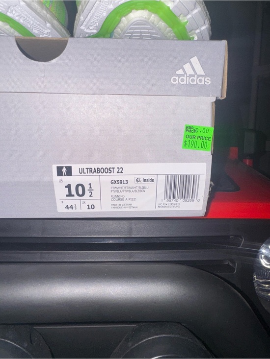 White Adidas Ultraboost Knit Sneakers with Neon Green & Blue Accents main image 4